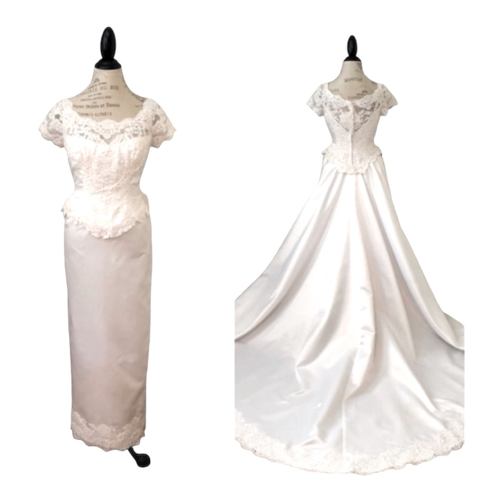 NEW ALFRED ANGELO SZ 6 WHITE SATIN LACE WEDDING GOWN WITH TRAIN
